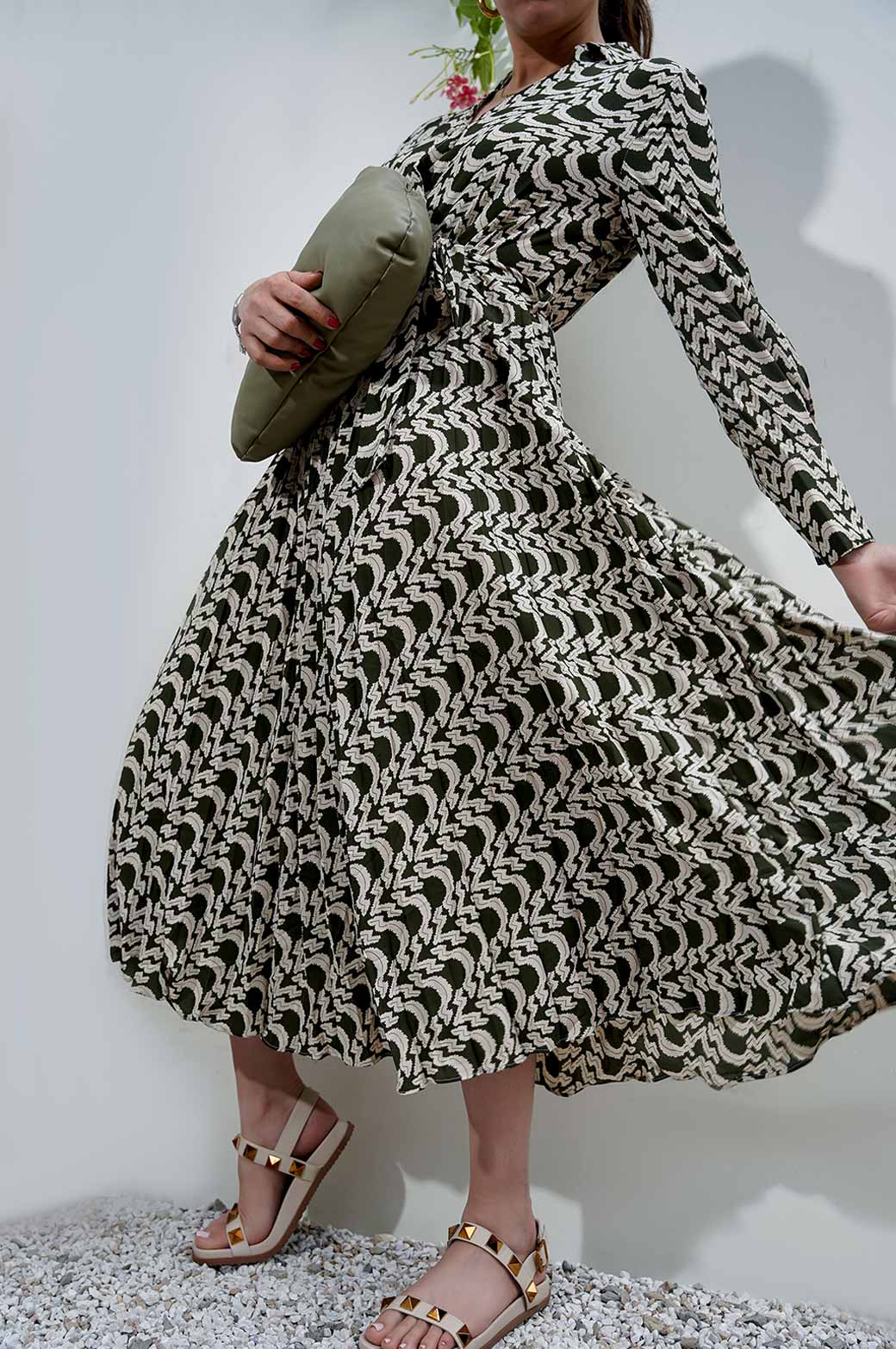 GREEN PRINTED PLEATED DRESS