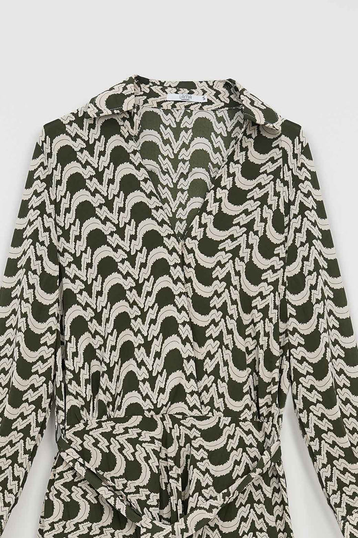 GREEN PRINTED PLEATED DRESS