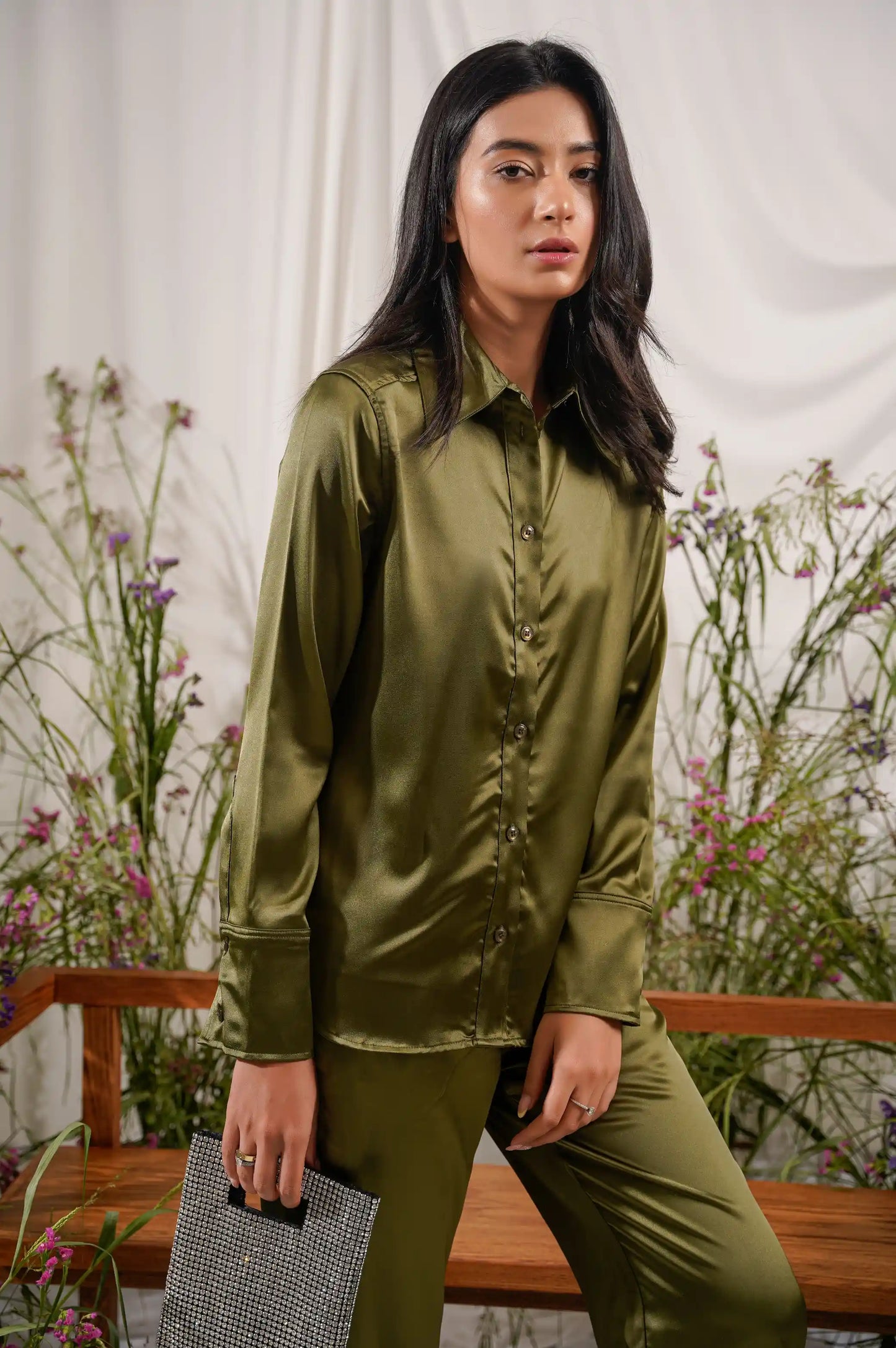 Green Silk Button Down Shirt