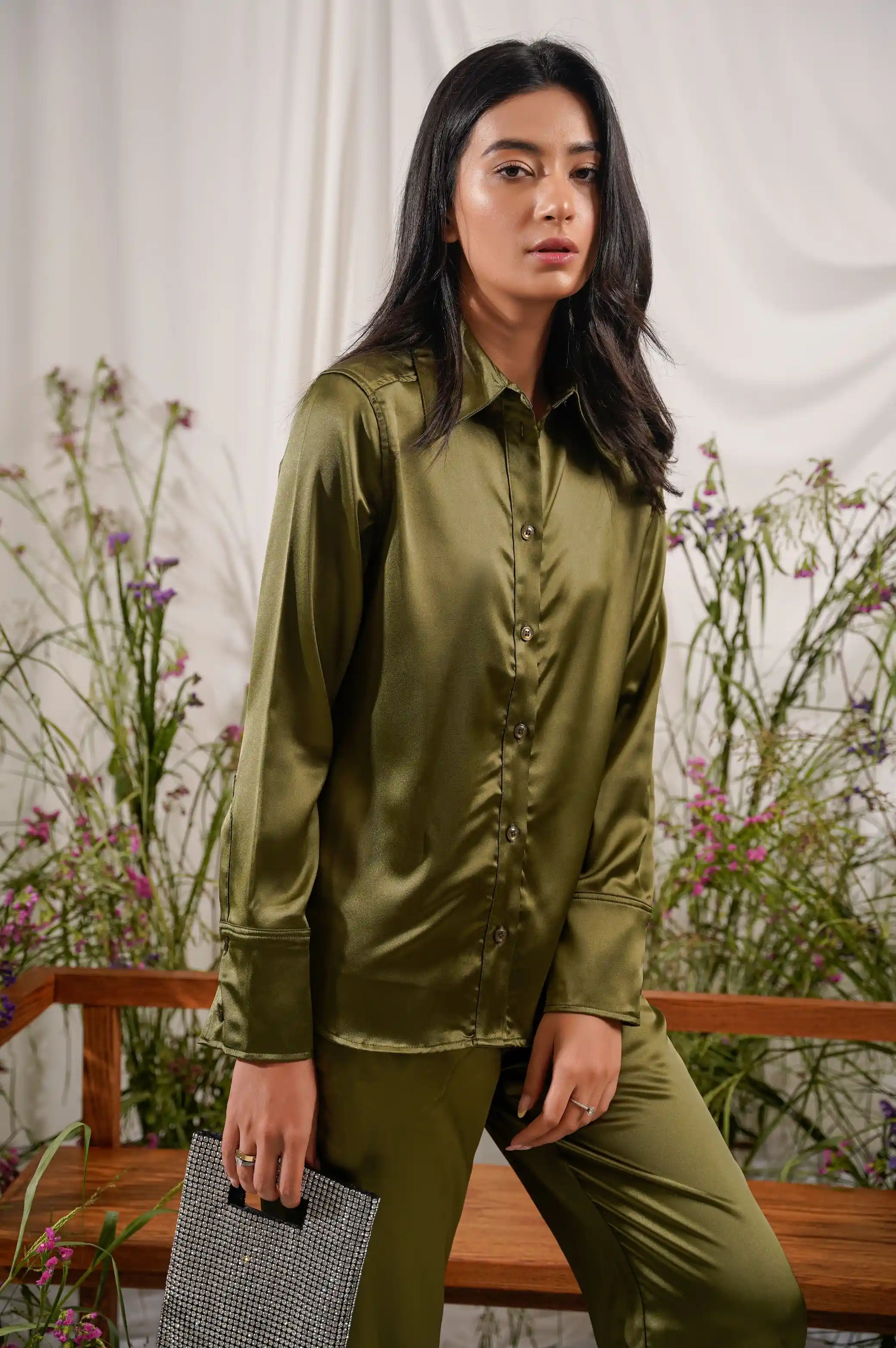 Green Silk Button Down Shirt
