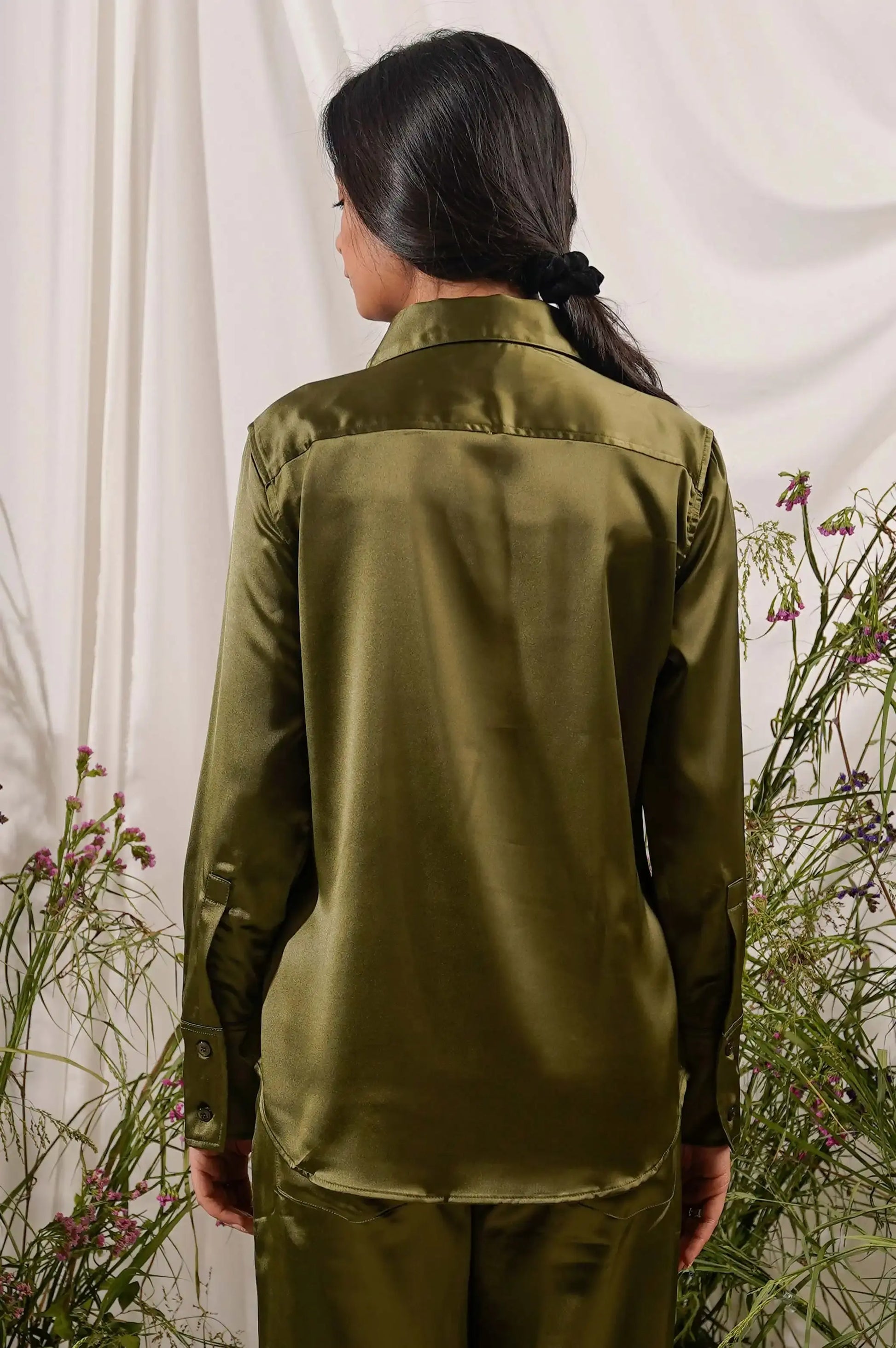 Green Silk Button Down Shirt