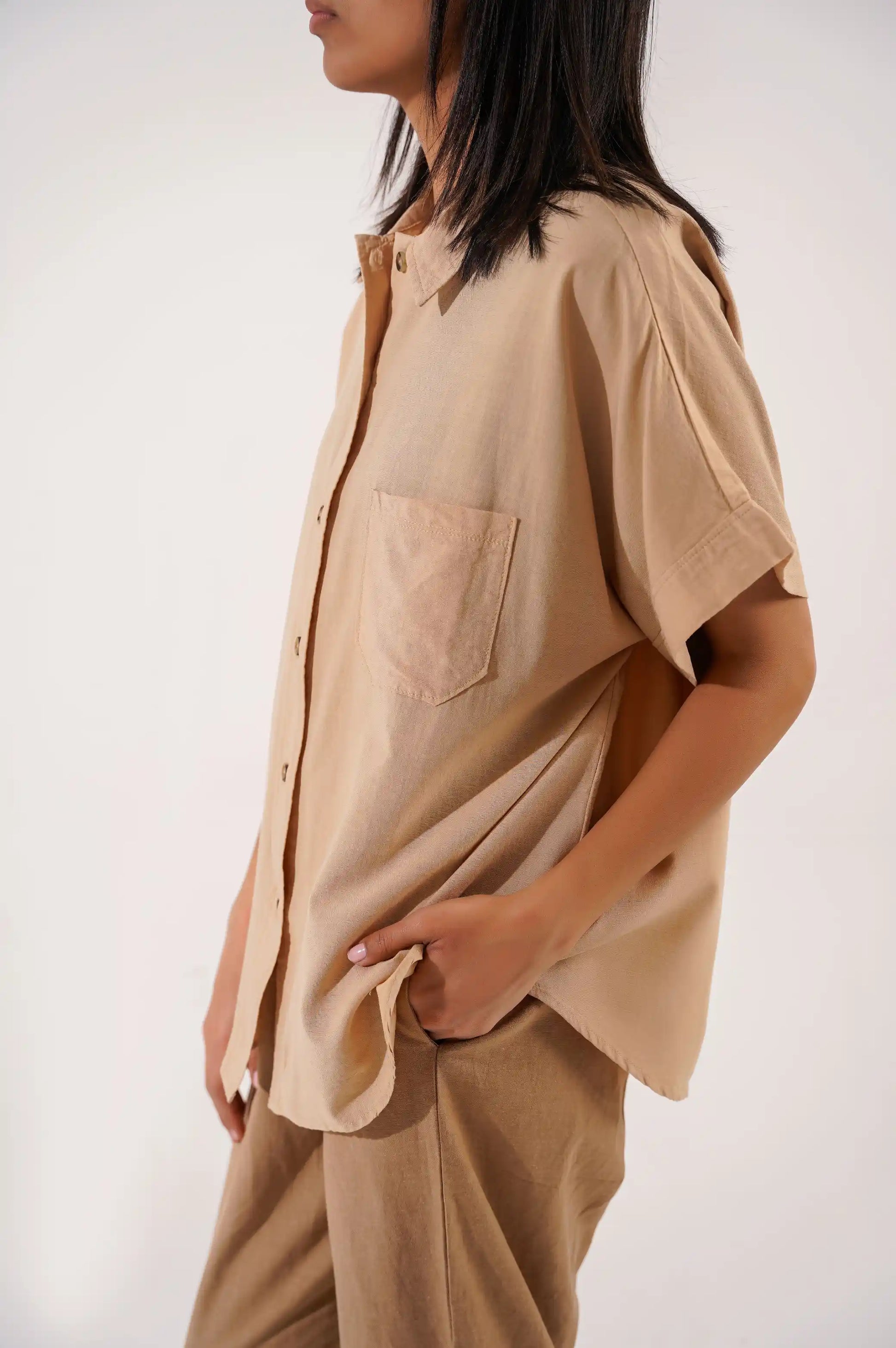 Beige Women Button Down Shirt