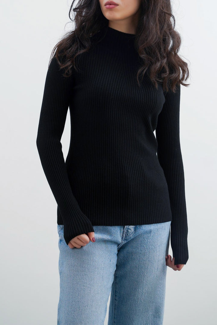 BLACK RIBBED HIGH CREW SWEATER