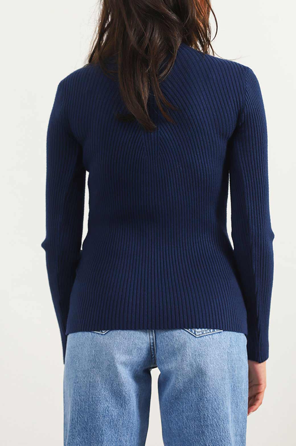NAVY RIBBED HIGH CREW SWEATER