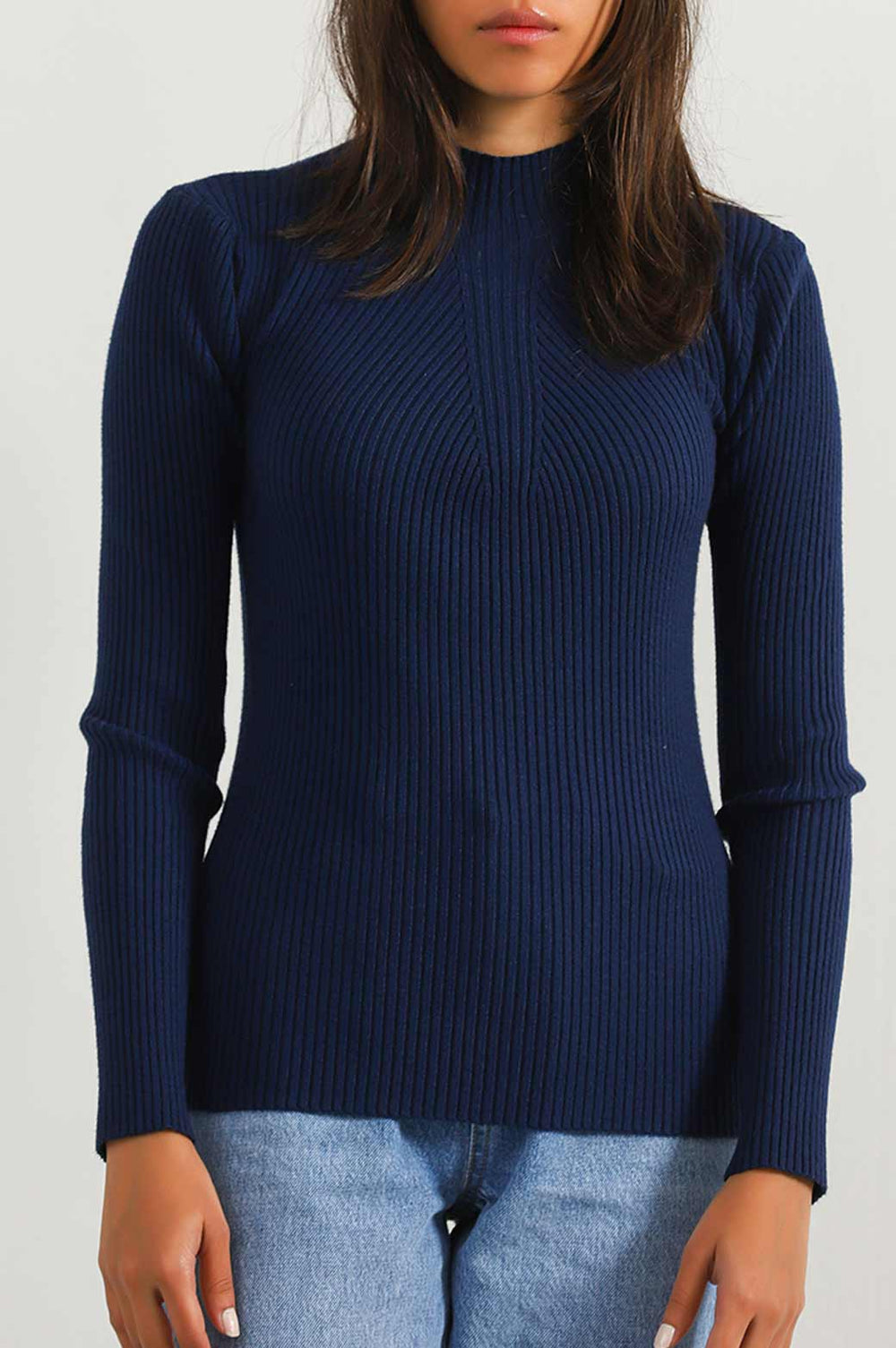 NAVY RIBBED HIGH CREW SWEATER