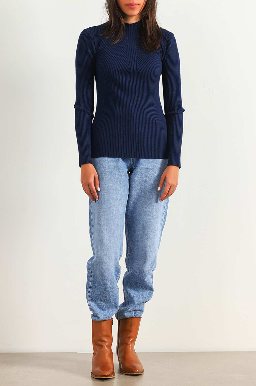 NAVY RIBBED HIGH CREW SWEATER