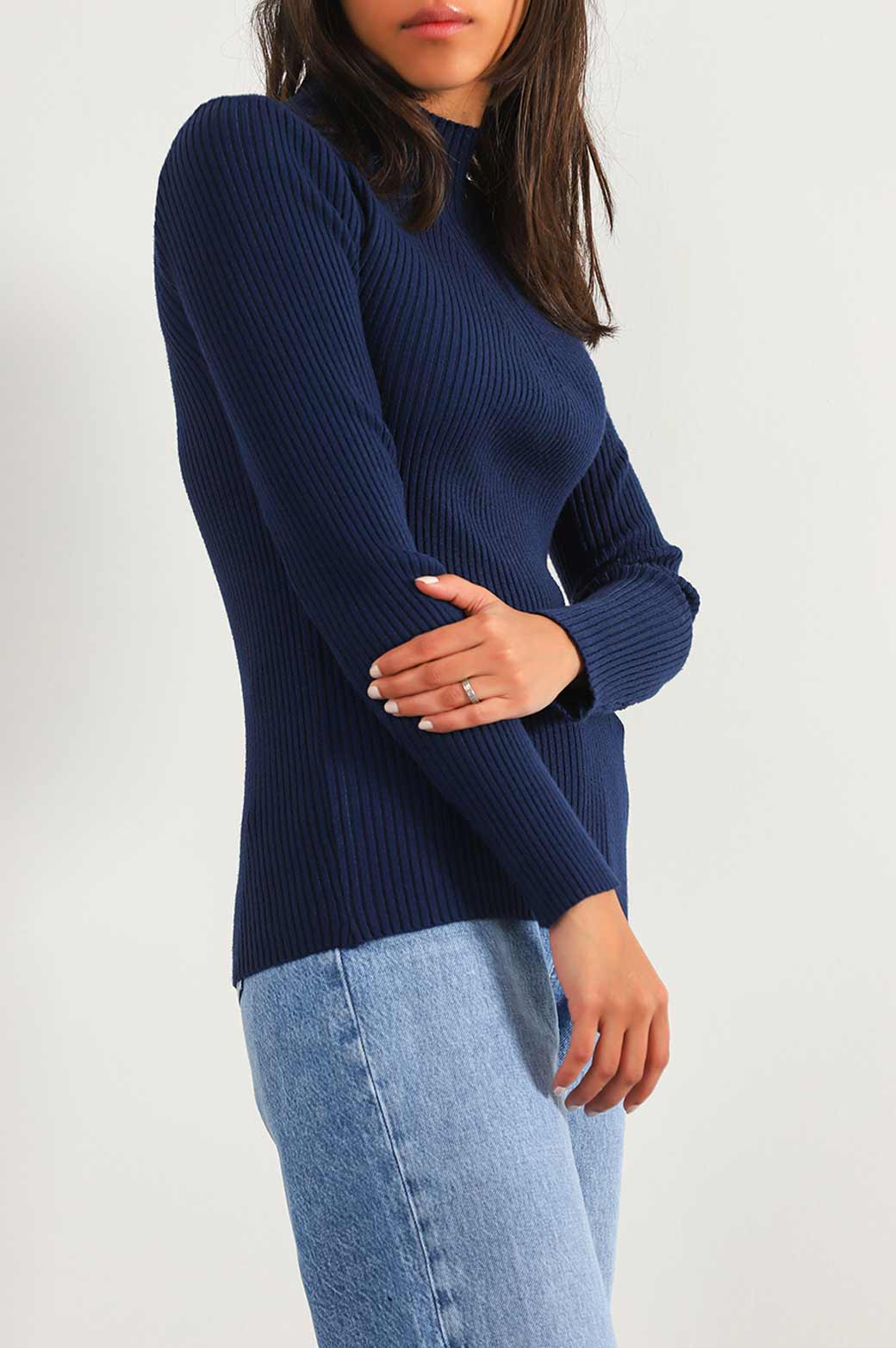 NAVY RIBBED HIGH CREW SWEATER