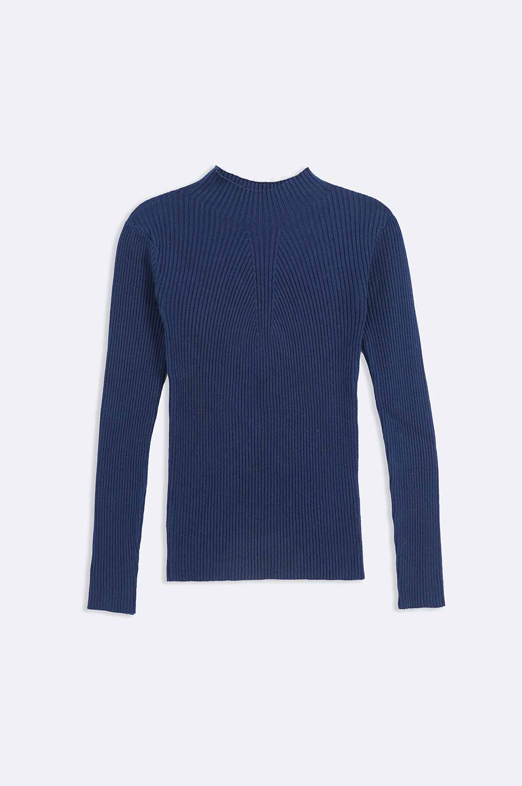 NAVY RIBBED HIGH CREW SWEATER
