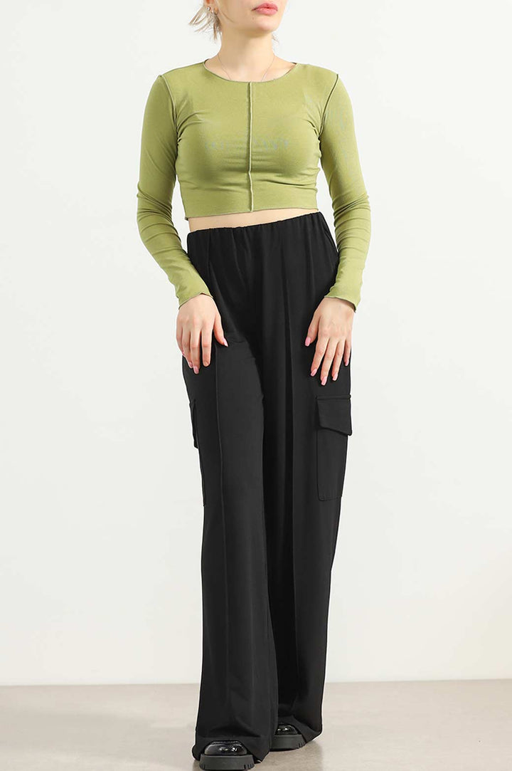 GREEN CROPPED T-SHIRT -WITH PLEAT