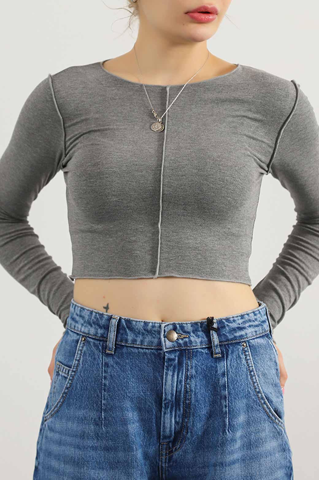 GREY CROPPED T-SHIRT WITH PLEAT