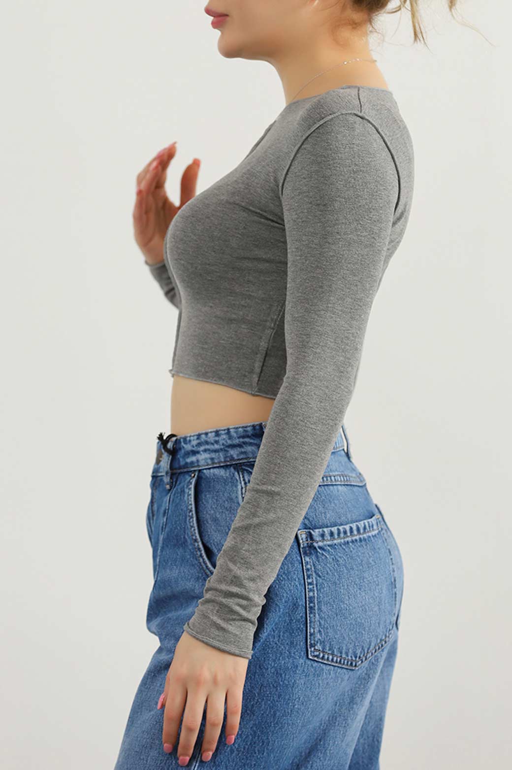 GREY CROPPED T-SHIRT WITH PLEAT