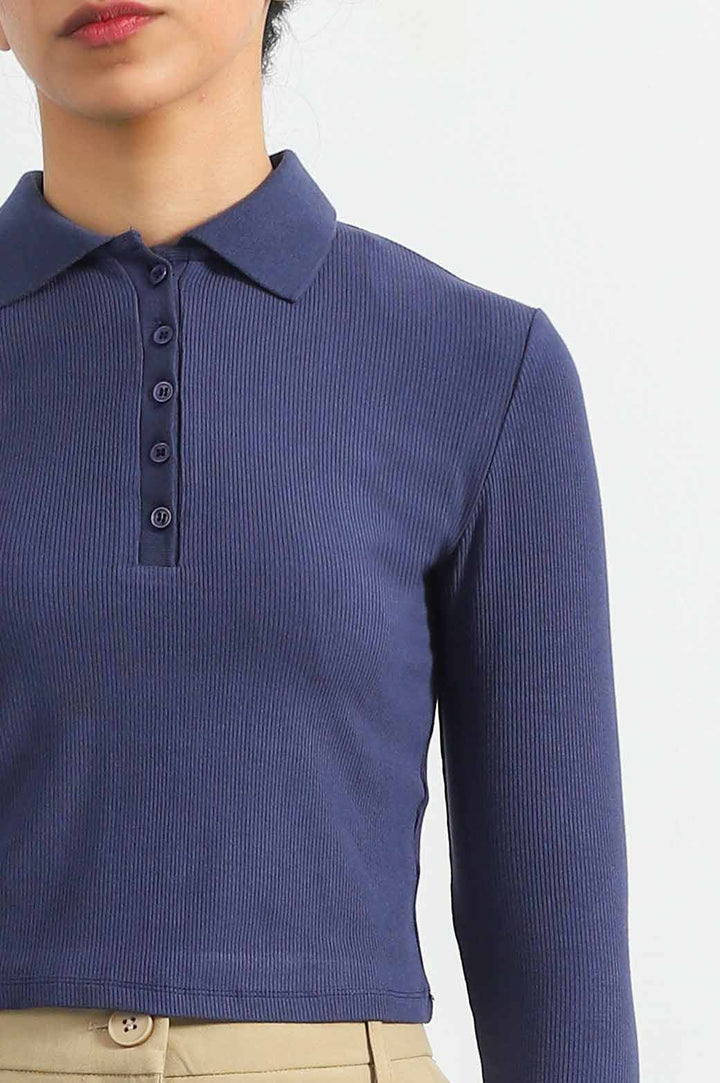 NAVY CROPPED COLLARED T-SHIRT