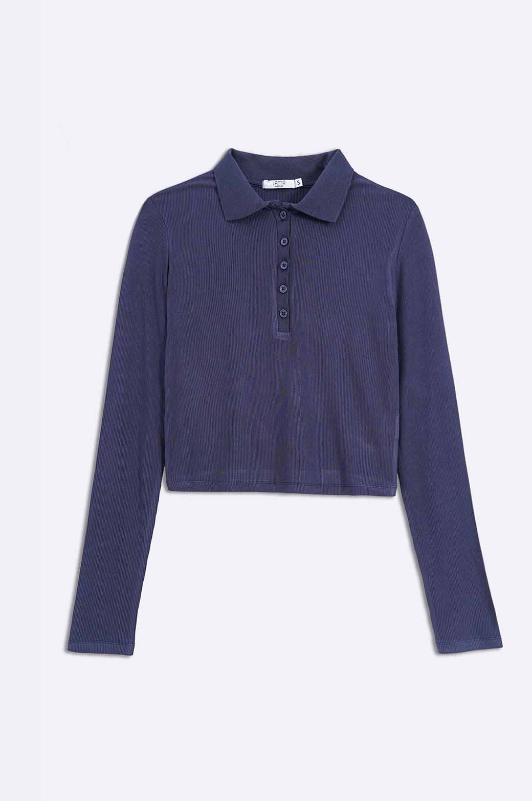 NAVY CROPPED COLLARED T-SHIRT