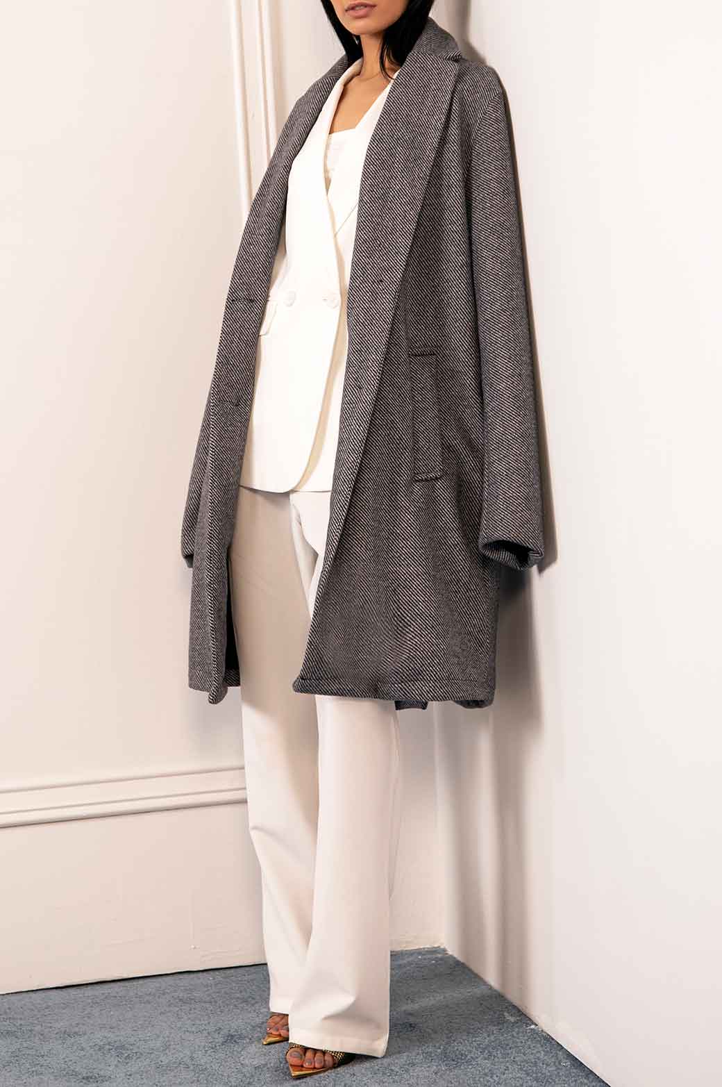 GREY TEXTURED LONG COAT STRETCH
