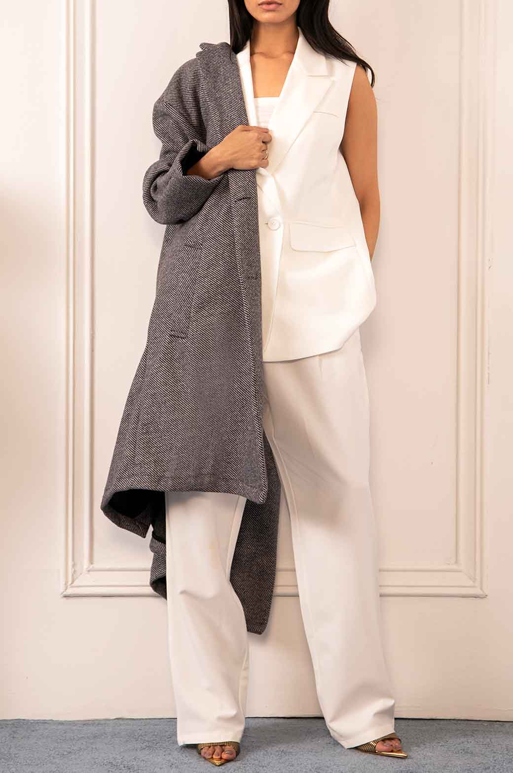 GREY TEXTURED LONG COAT STRETCH