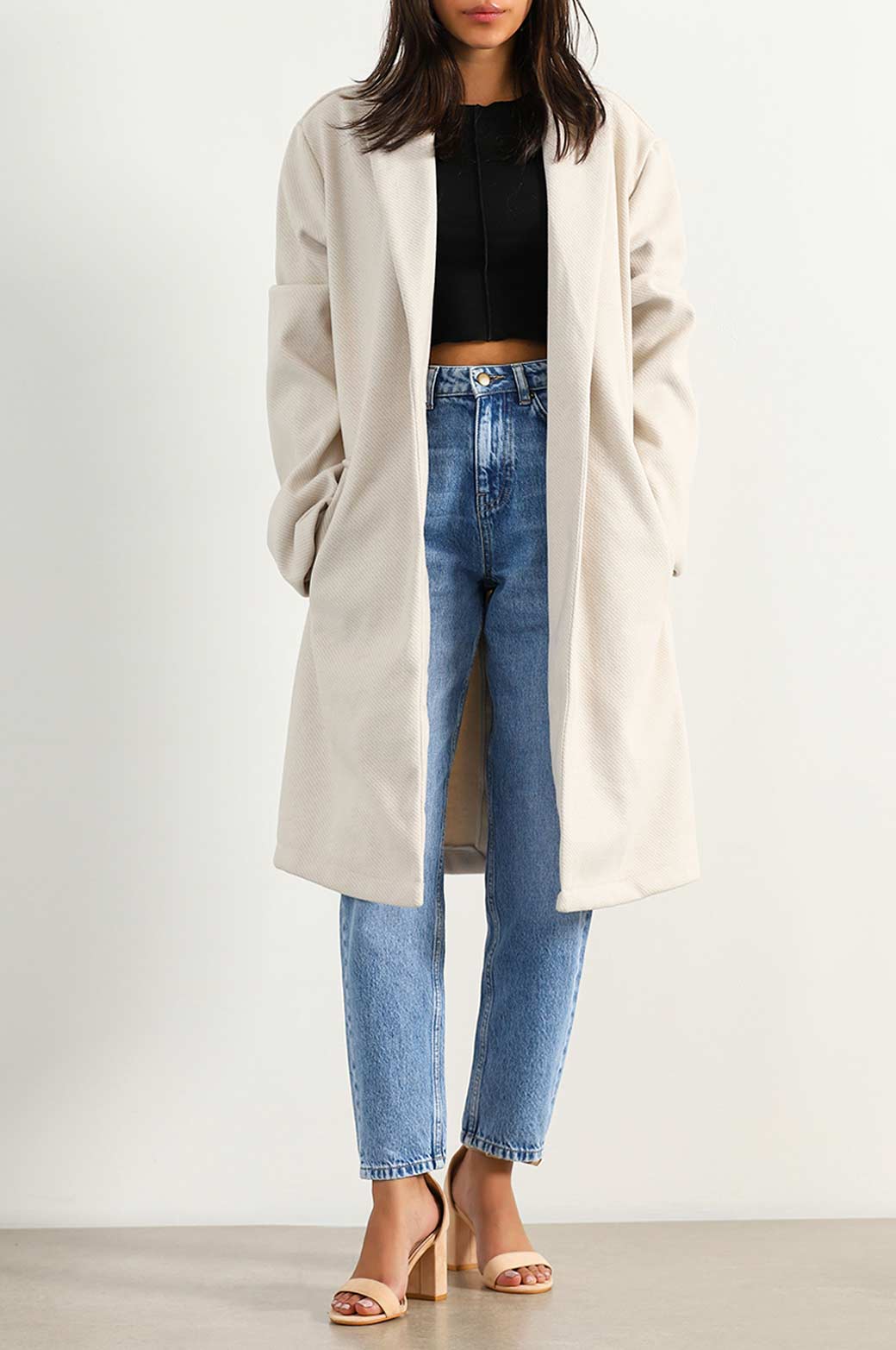 WHITE TEXTURED LONG COAT STRETCH