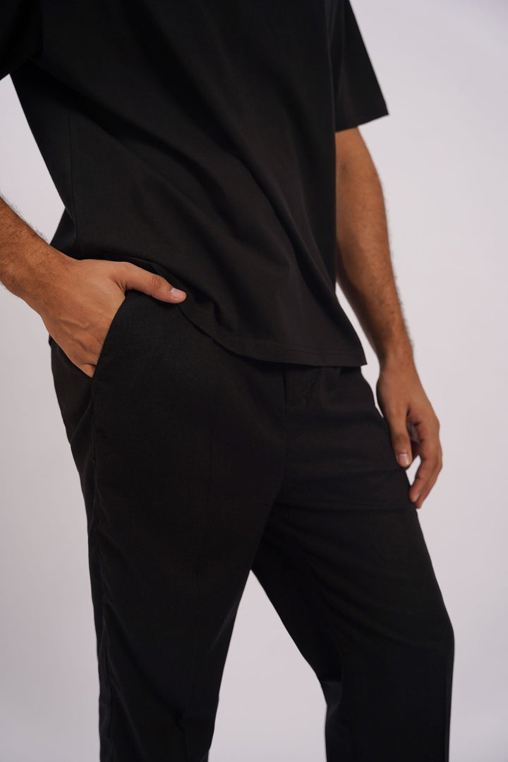 BLACK BASIC LINEN PANTS