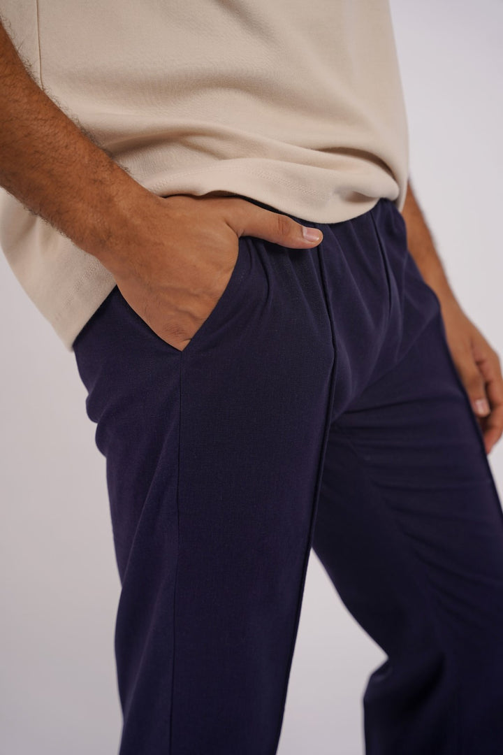 NAVY LINEN TAPERED PANTS