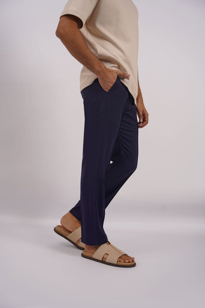 NAVY LINEN TAPERED PANTS