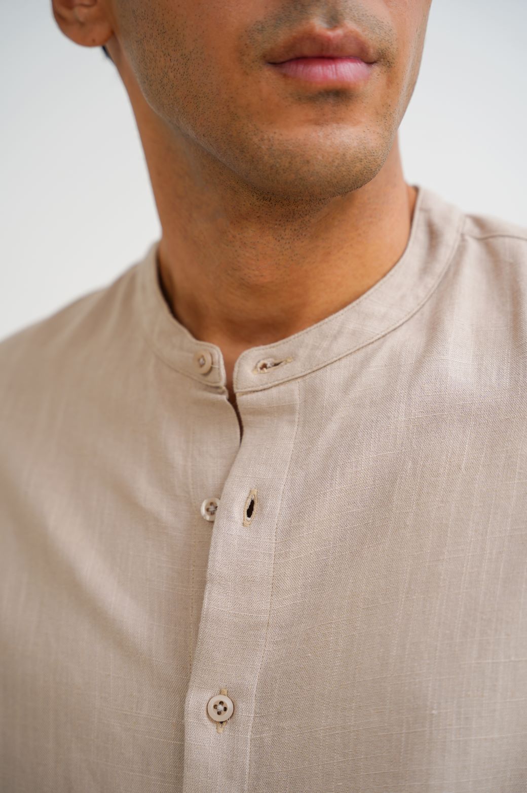 BEIGE BAND COLLAR SHIRT