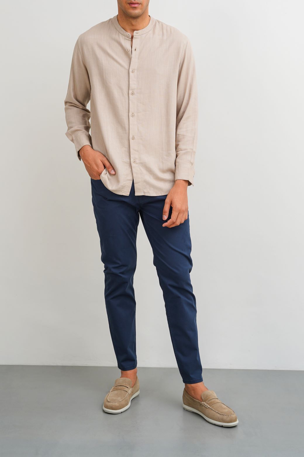 BEIGE BAND COLLAR SHIRT