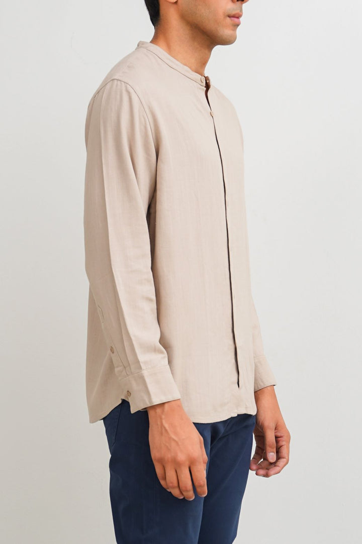 BEIGE BAND COLLAR SHIRT