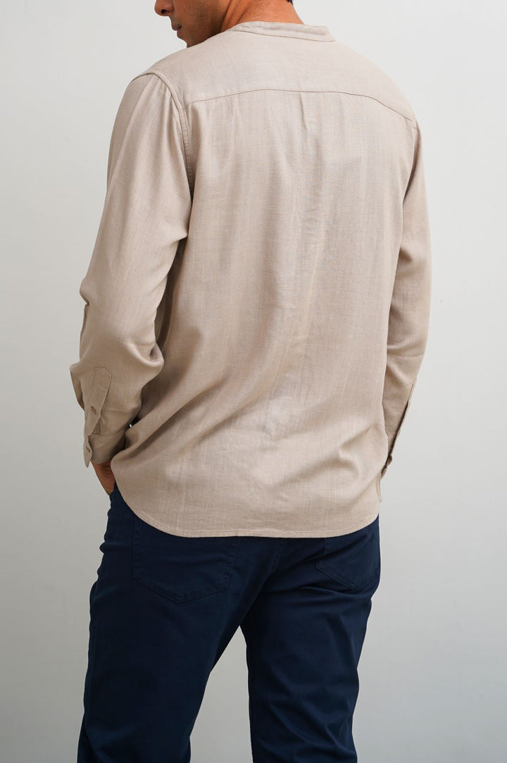 BEIGE BAND COLLAR SHIRT