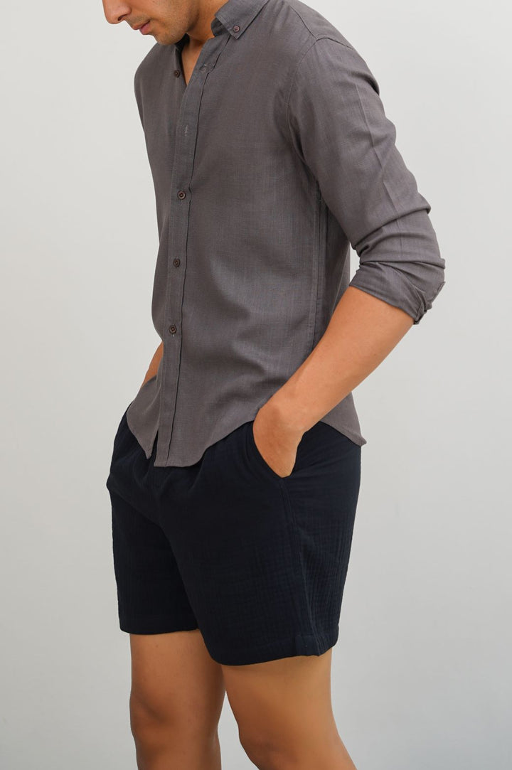 DARK GREY LINEN BUTTON COLLAR SHIRT