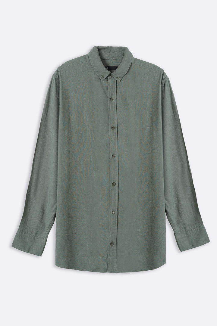 GREEN LINEN BUTTON COLLAR SHIRT