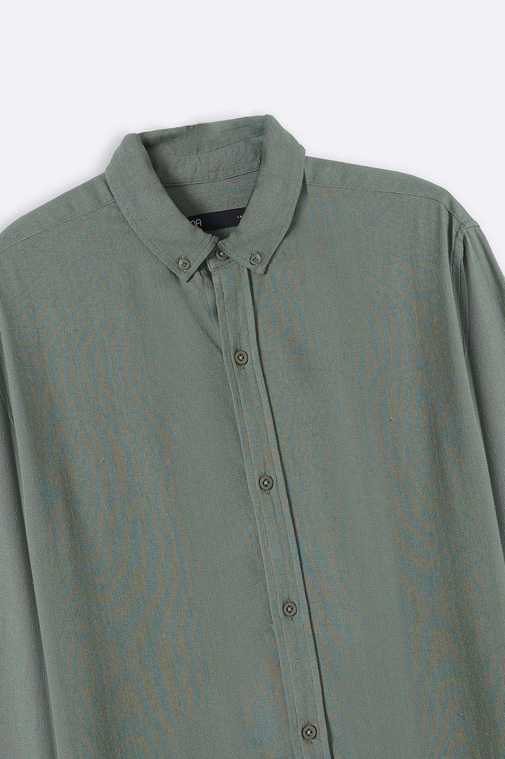 GREEN LINEN BUTTON COLLAR SHIRT