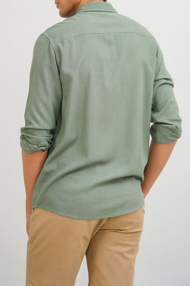 GREEN LINEN BUTTON COLLAR SHIRT