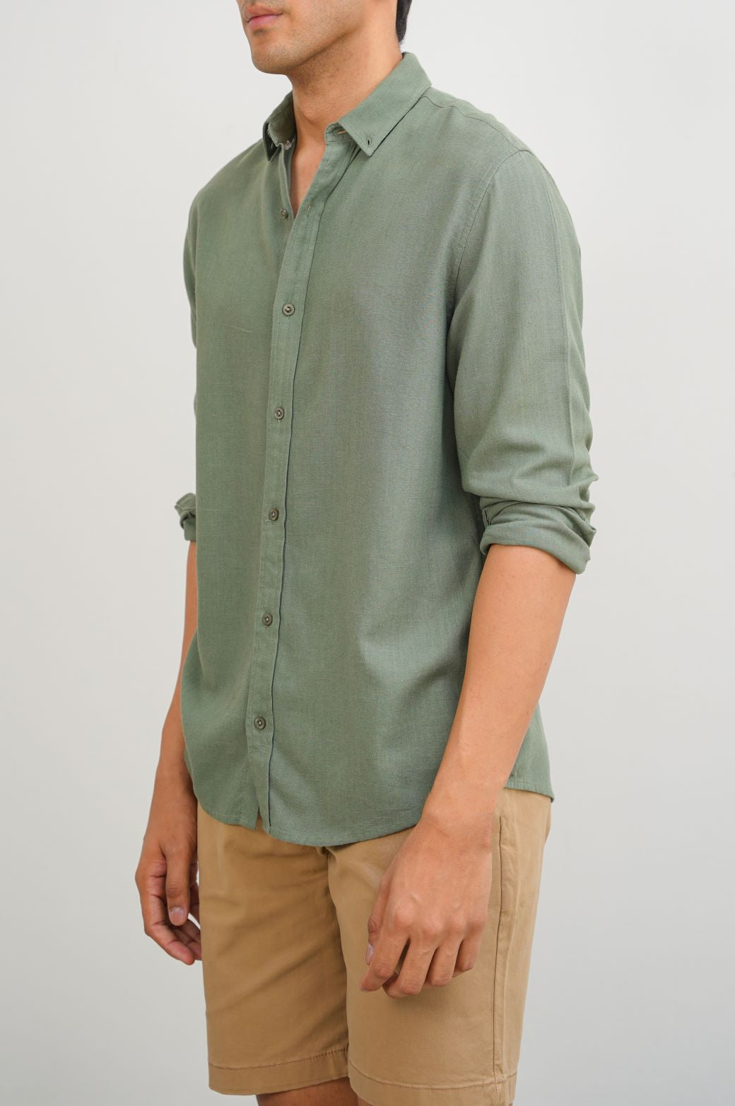 GREEN LINEN BUTTON COLLAR SHIRT