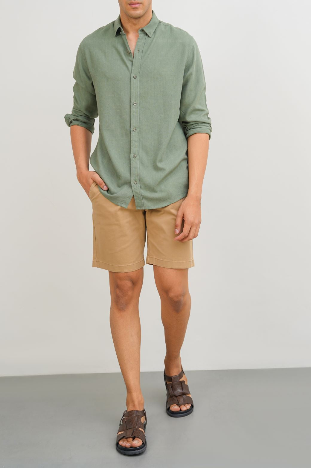 GREEN LINEN BUTTON COLLAR SHIRT