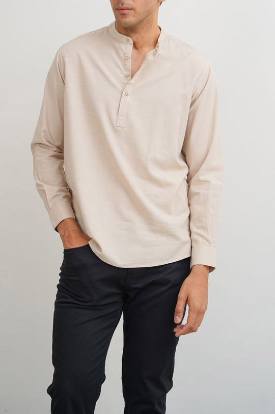 BEIGE BAND COLLAR SHIRT