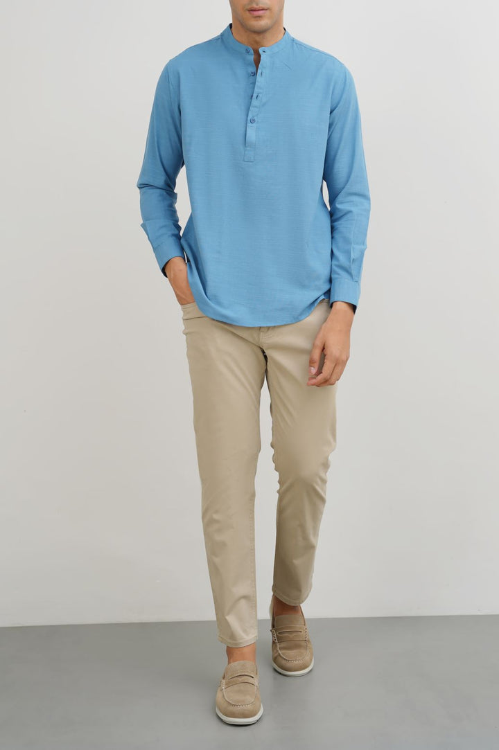 COBALT BLUE BAND COLLAR SHIRT