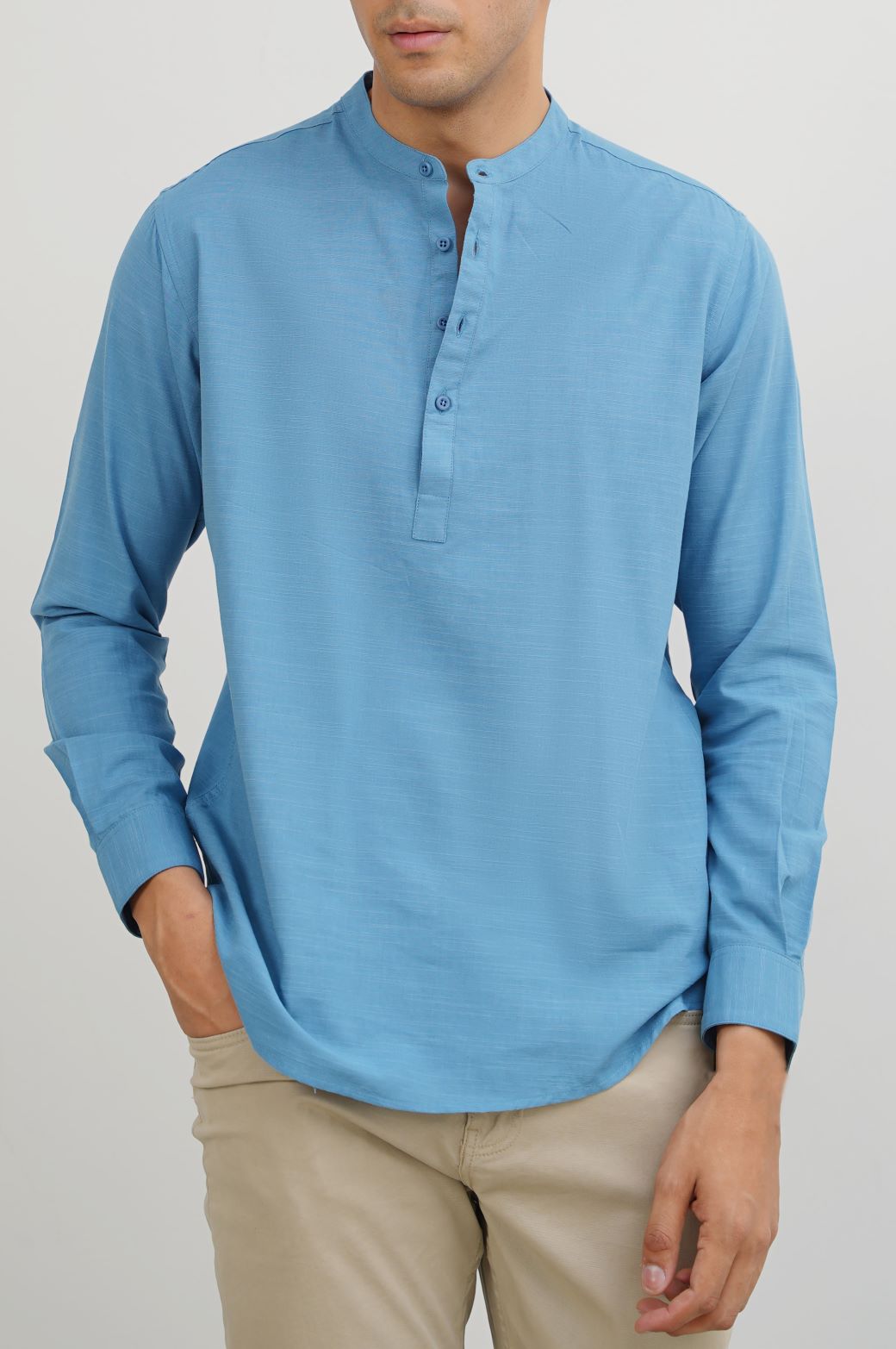 COBALT BLUE BAND COLLAR SHIRT