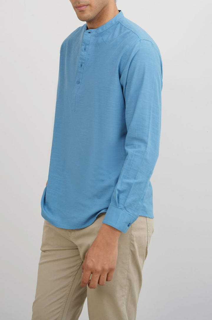 COBALT BLUE BAND COLLAR SHIRT