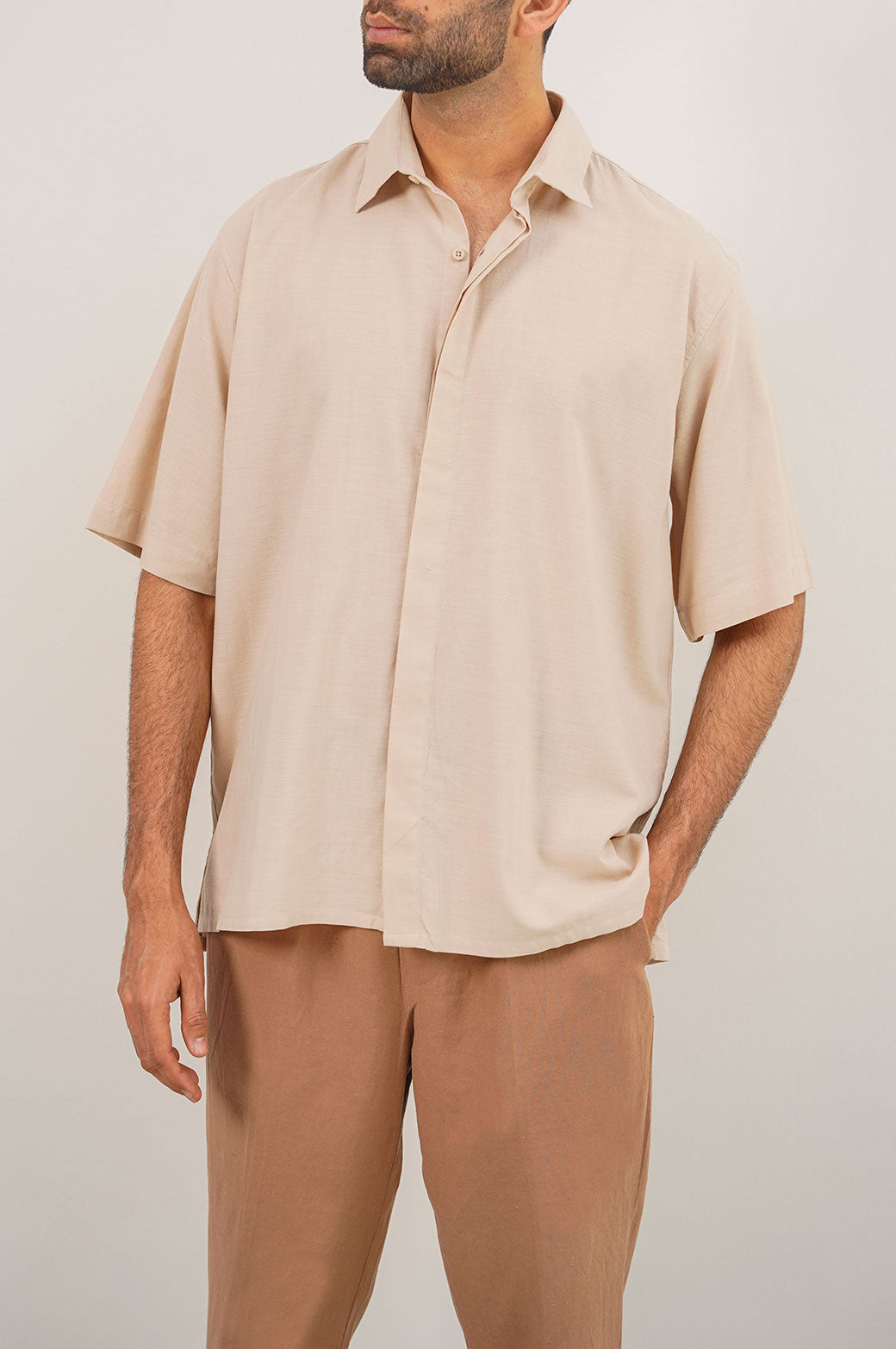 BEIGE OVERSIZE COTTON BLEND SHIRT