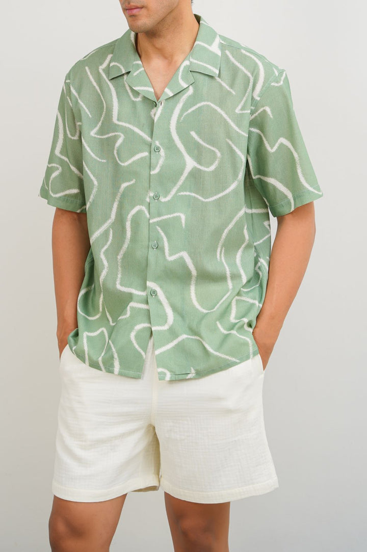 GREEN ABSTRACT FLOW SAFARI SHIRT