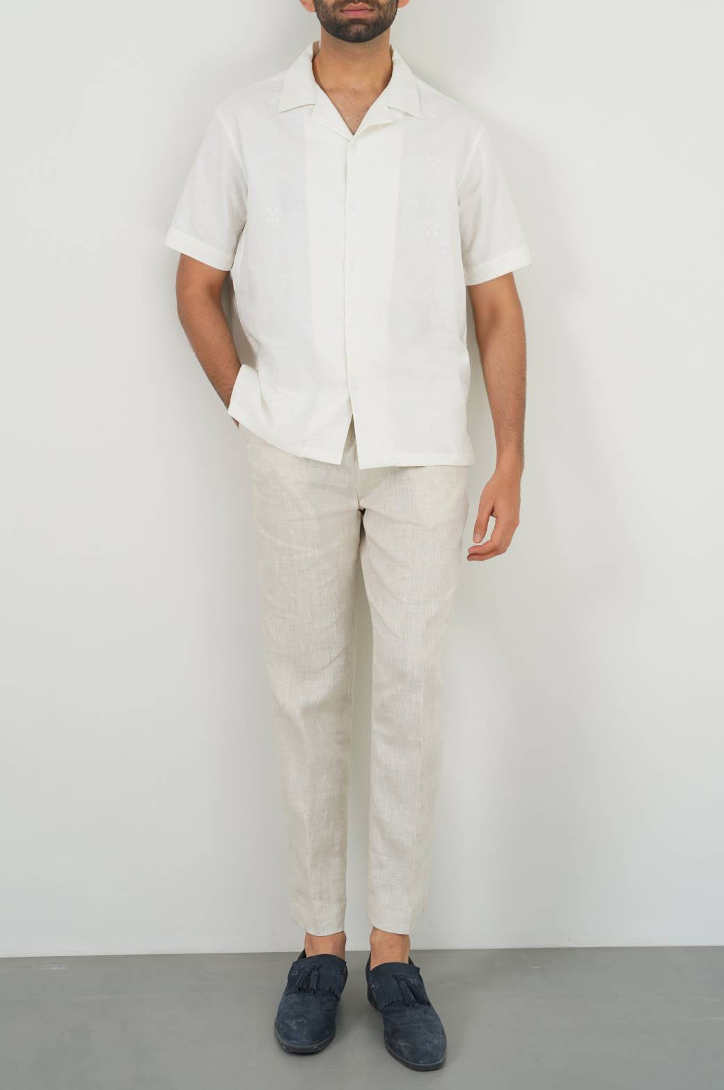 OFF WHITE LINEN EMBROIDERED SHIRT