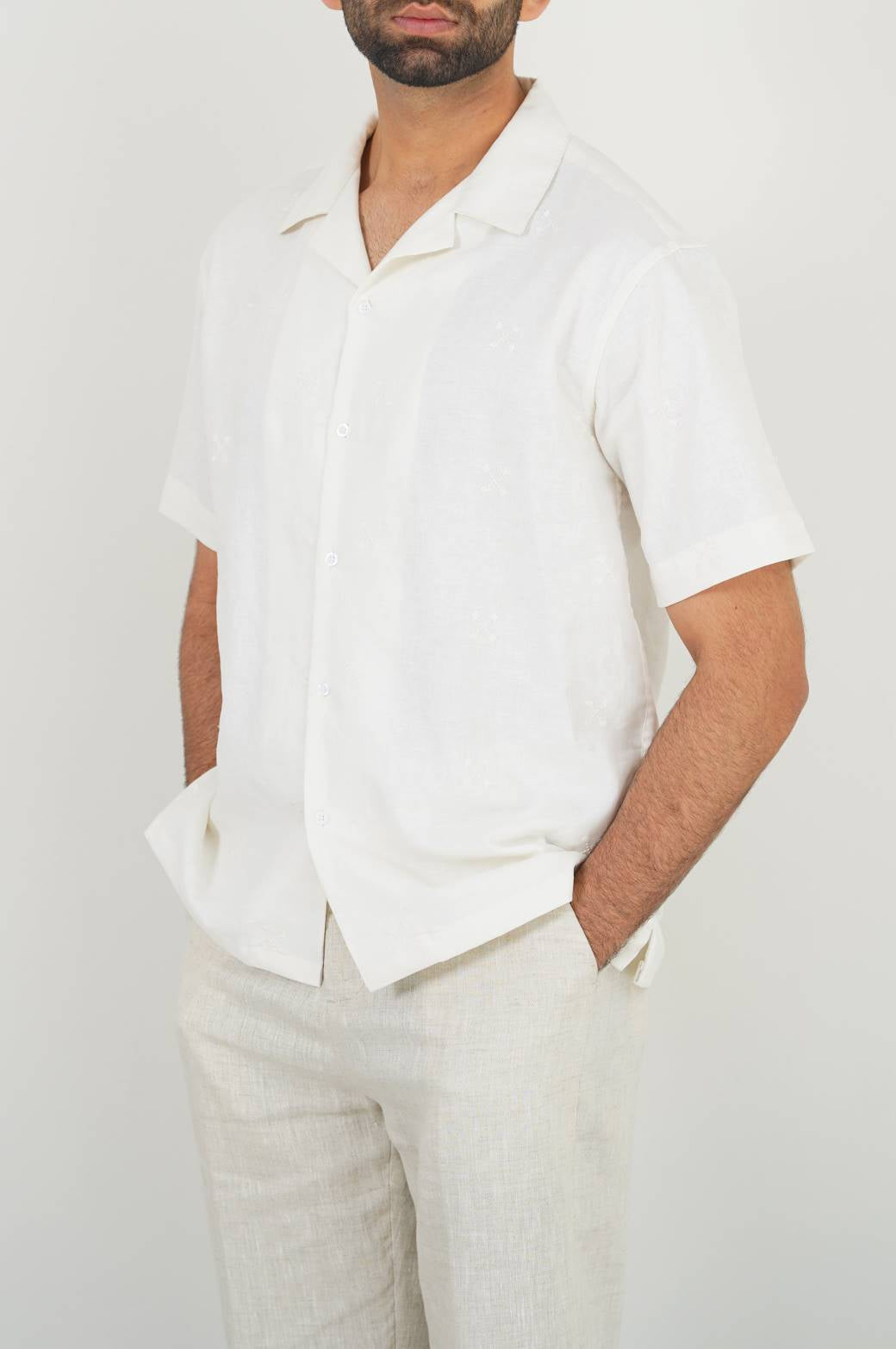 OFF WHITE LINEN EMBROIDERED SHIRT