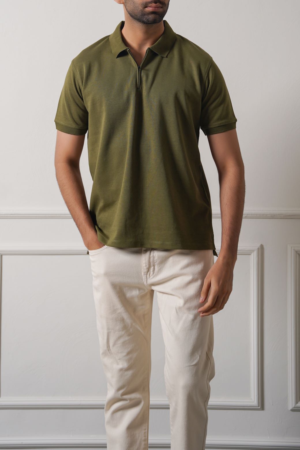 OLIVE QUATER ZIP POLO