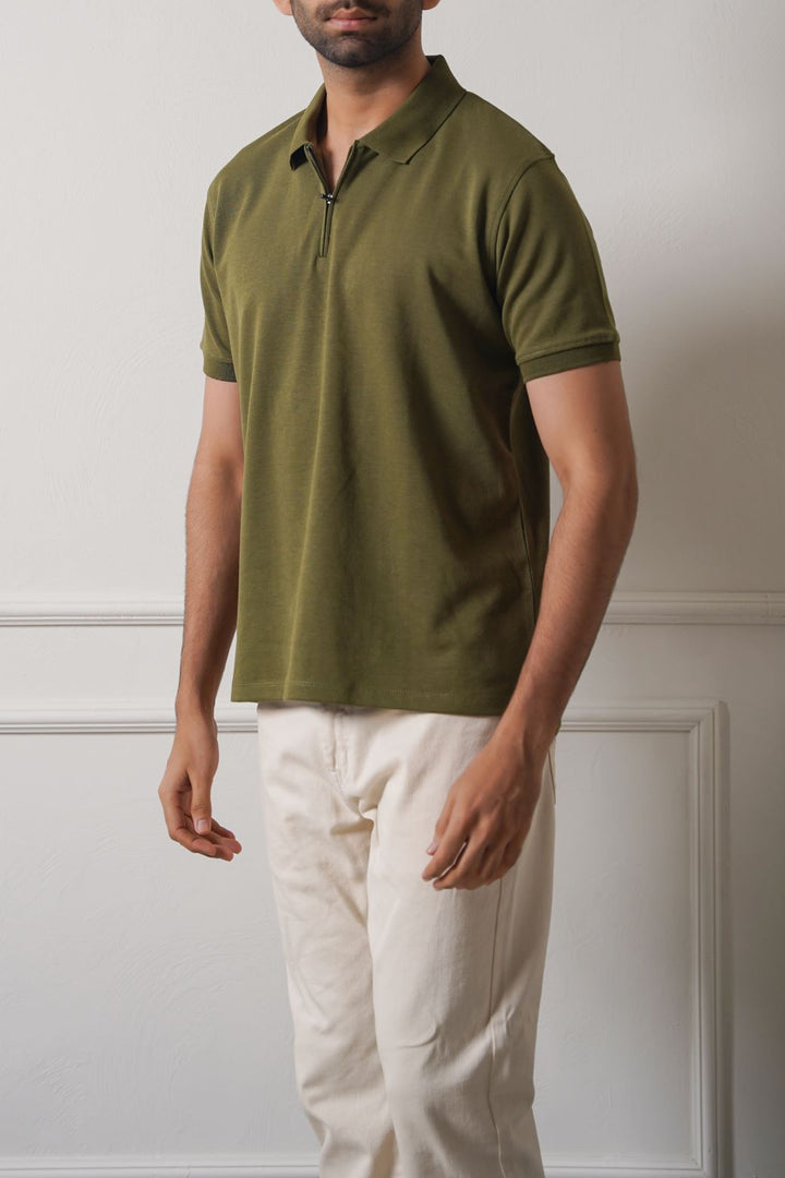 OLIVE QUATER ZIP POLO