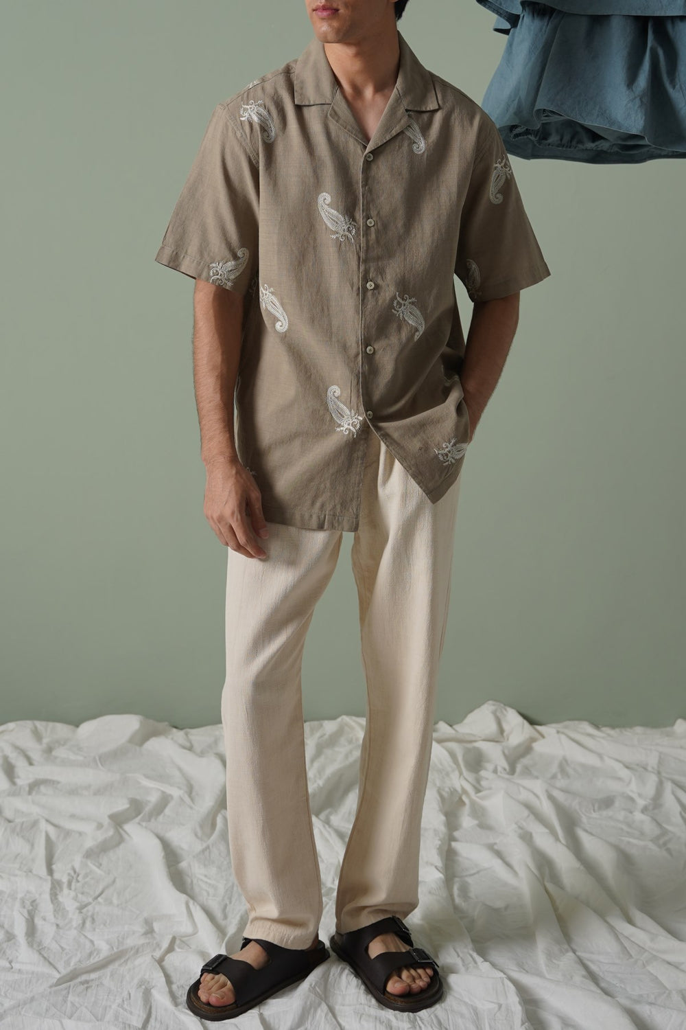 ECRU TEXTURED COTTON TROUSERS