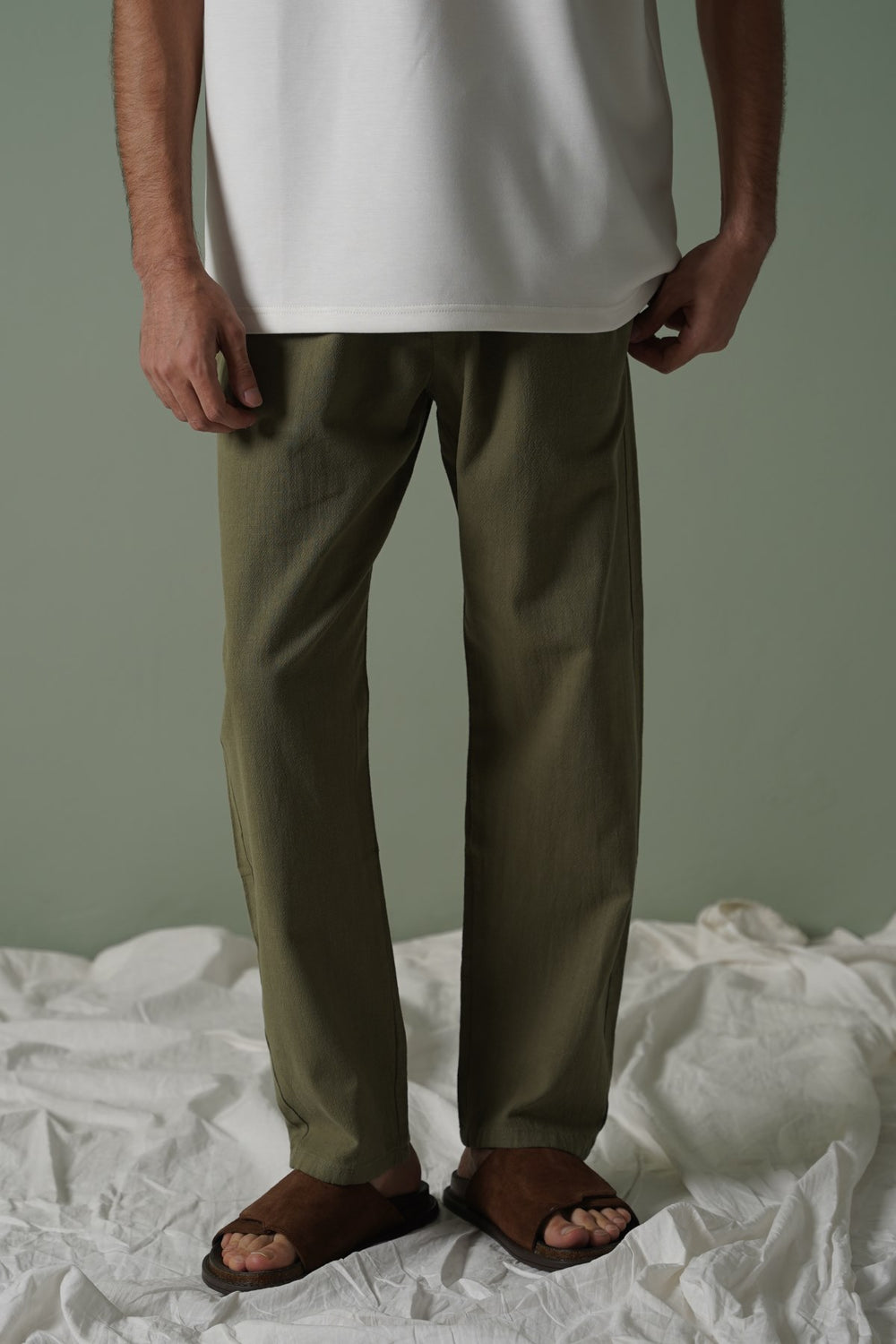 GREEN TEXTURED COTTON TROUSERS