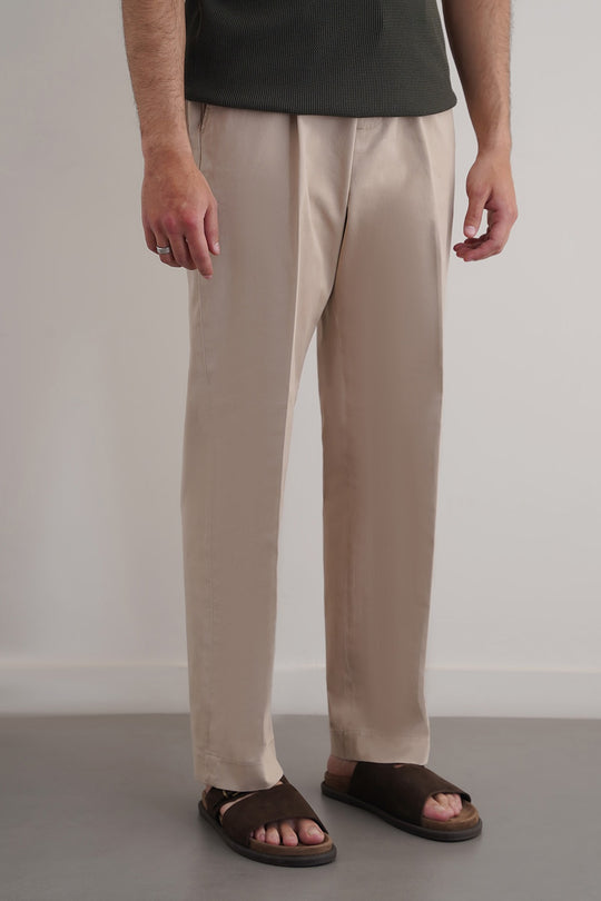 BEIGE PLEATED COTTON TROUSERS