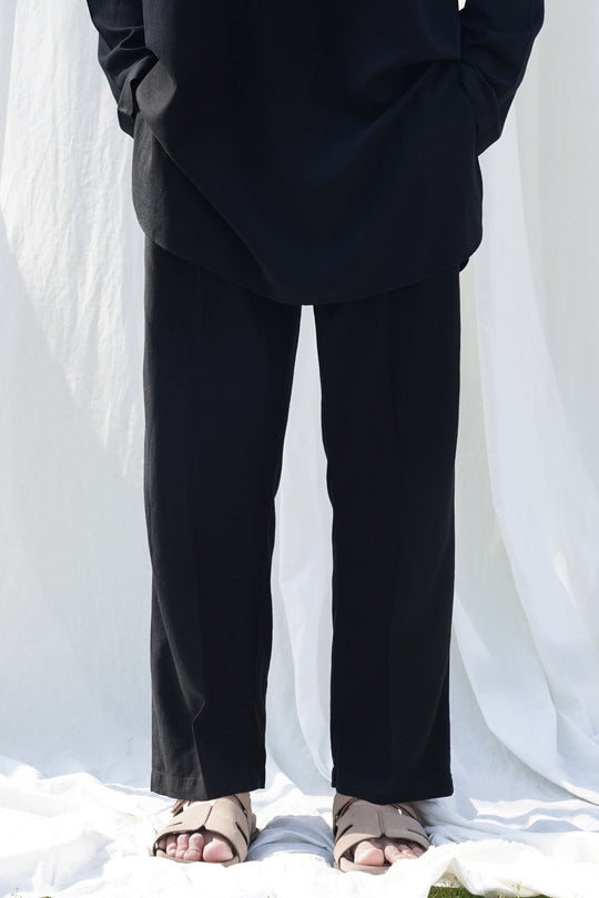 BLACK LINEN BLEND RELAXED TROUSERS