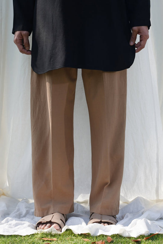 KHAKI LINEN BLEND RELAXED TROUSERS