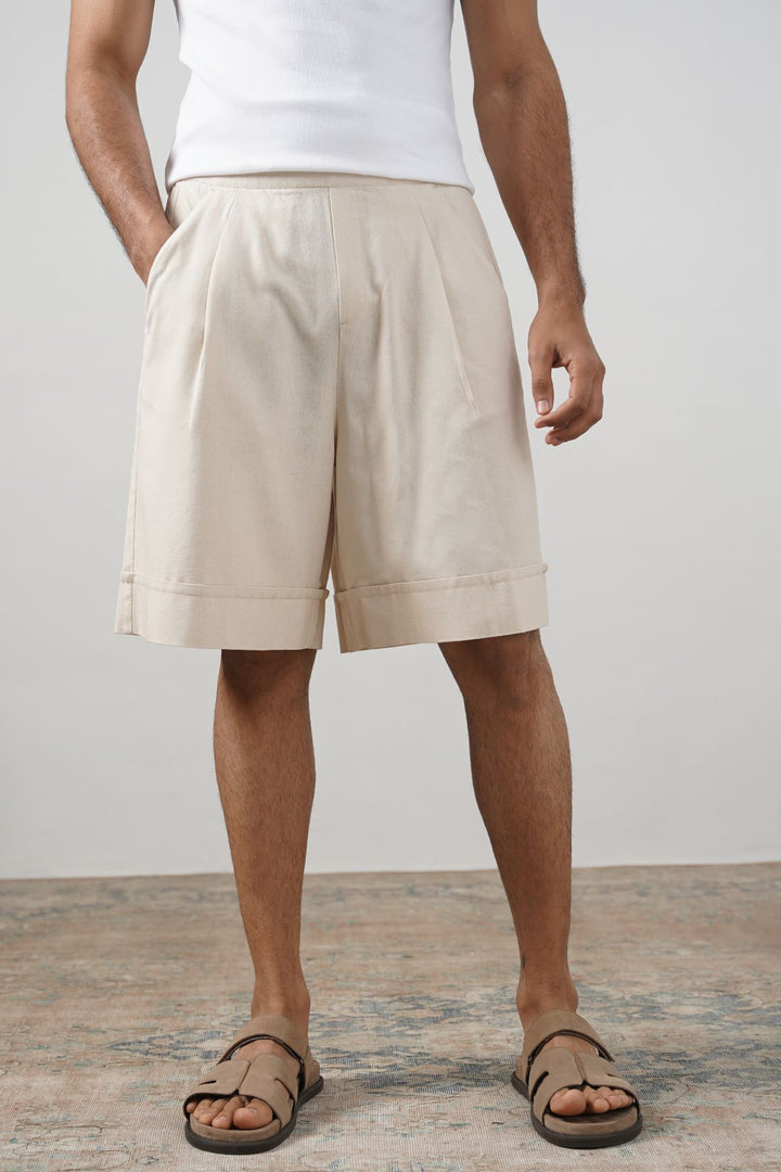 BEIGE LINEN BLEND SHORTS