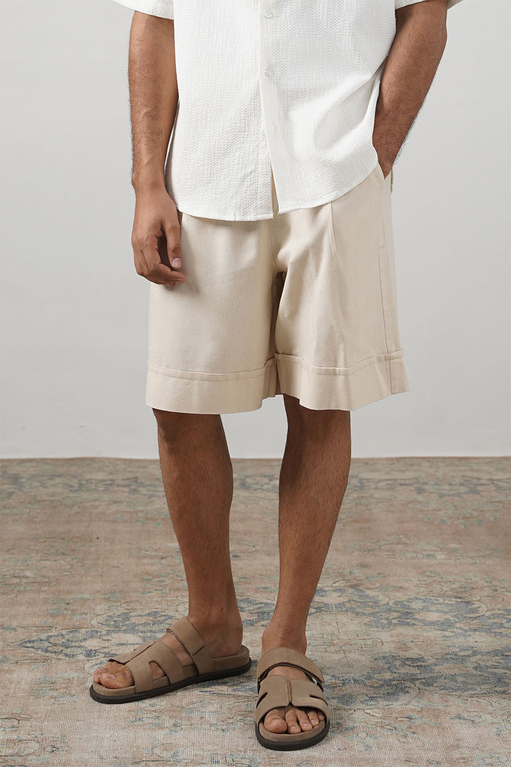BEIGE LINEN BLEND SHORTS